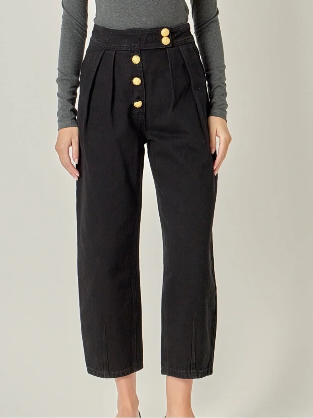 English Factory High Waisted Gold Buttons PREMIUM DENIM CROPPED TROUSERS XS